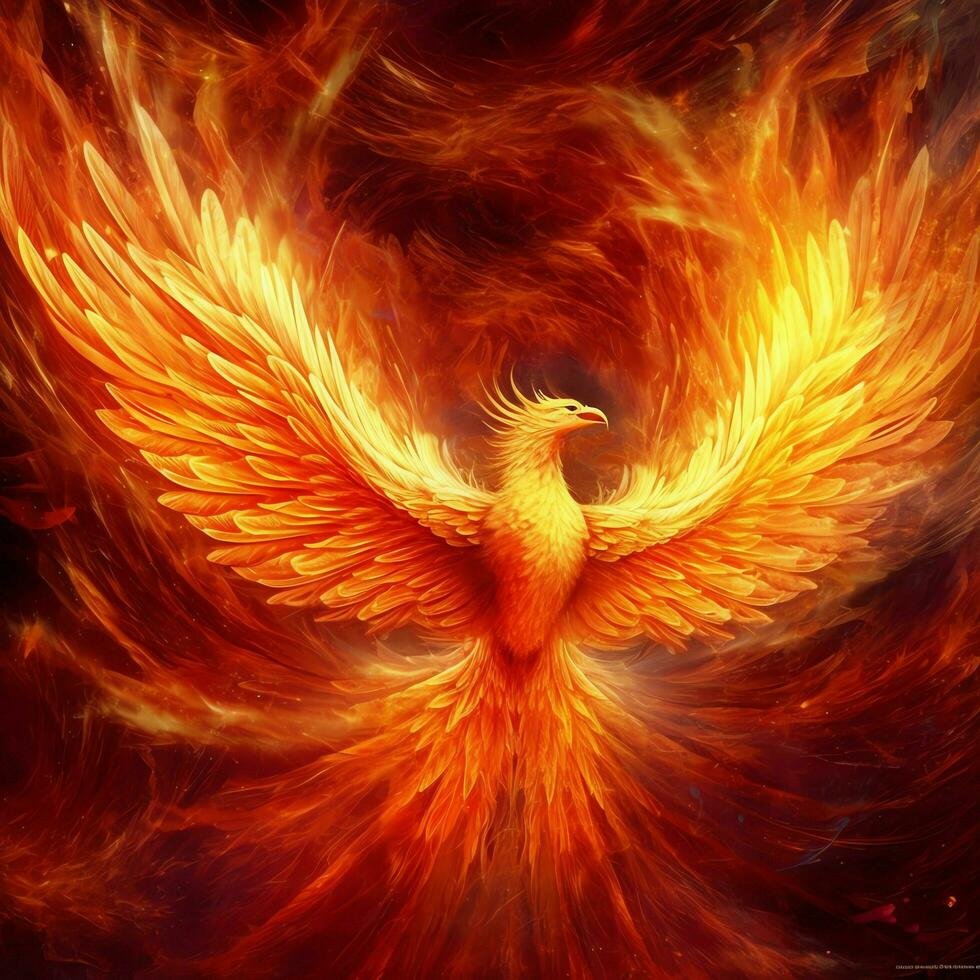A phoenix with outstretched wings rises upwards with flames burning all around it